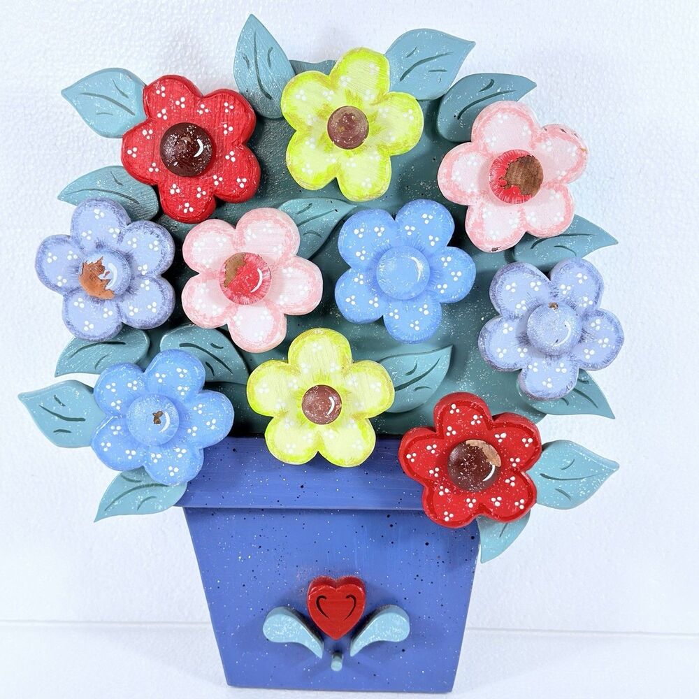 VTG Wooden Flower Pot Wall Hanging Decoration Hand Painted Spring Floral Sign 3D